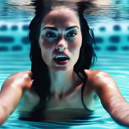 A dramatic digital art image of Megan Fox in a pool, seemingly struggling with the water
