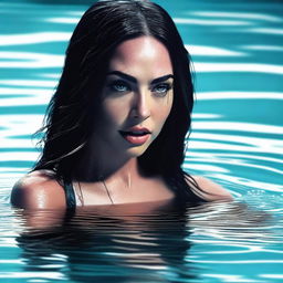 A dramatic digital art image of Megan Fox in a pool, seemingly struggling with the water