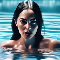 A dramatic digital art image of Megan Fox in a pool, seemingly struggling with the water