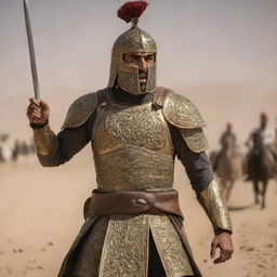 An Iranian super-soldier, clad in traditional Achaemenid-era armor, engaged in a grand battlefield.