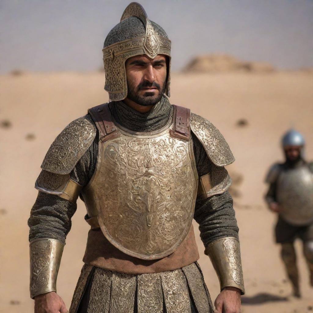 An Iranian super-soldier, clad in traditional Achaemenid-era armor, engaged in a grand battlefield.