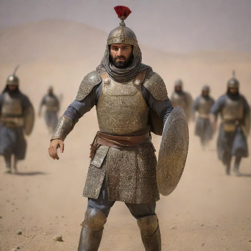 An Iranian super-soldier, clad in traditional Achaemenid-era armor, engaged in a grand battlefield.