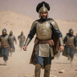 An Iranian super-soldier, clad in traditional Achaemenid-era armor, engaged in a grand battlefield.