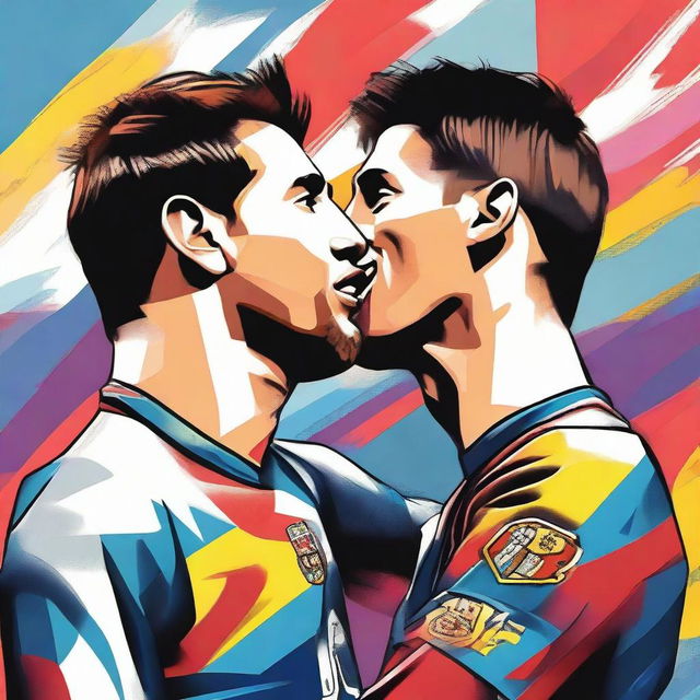 A digital art illustration of Lionel Messi and Cristiano Ronaldo