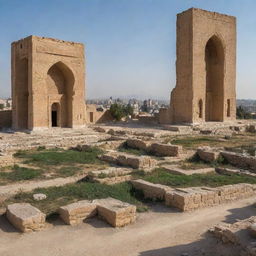 A modern day scene of Iran that blends elements of its Achaemenid glory, with ancient ruins coexisting alongside contemporary architecture.