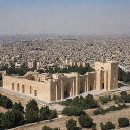 A modern day scene of Iran that blends elements of its Achaemenid glory, with ancient ruins coexisting alongside contemporary architecture.