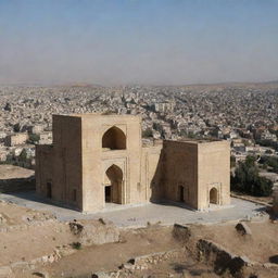 A modern day scene of Iran that blends elements of its Achaemenid glory, with ancient ruins coexisting alongside contemporary architecture.