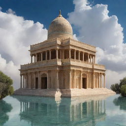 A magnificent Achaemenid-style palace floating among the clouds, displaying classic Persian architectural details in a surreal setting.