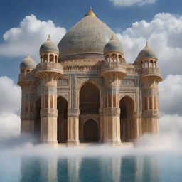 A magnificent Achaemenid-style palace floating among the clouds, displaying classic Persian architectural details in a surreal setting.