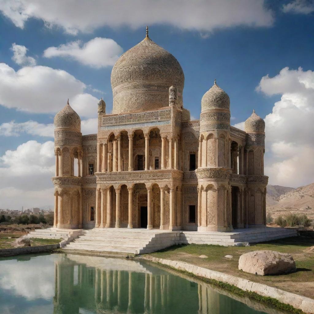 A magnificent Achaemenid-style palace floating among the clouds, displaying classic Persian architectural details in a surreal setting.