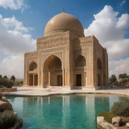 A magnificent Achaemenid-style palace floating among the clouds, displaying classic Persian architectural details in a surreal setting.