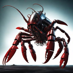 A high-quality digital art image featuring a menacing robotic lobster