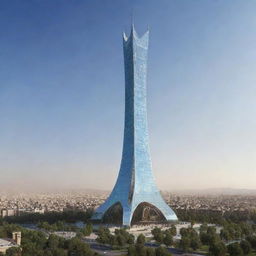 The Liberty Tower of Iran reimagined as if built by the Achaemenids in 2024, blending ancient Persian architecture with futuristic design elements.