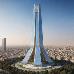 The Liberty Tower of Iran reimagined as if built by the Achaemenids in 2024, blending ancient Persian architecture with futuristic design elements.