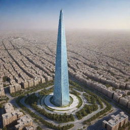 The Liberty Tower of Iran reimagined as if built by the Achaemenids in 2024, blending ancient Persian architecture with futuristic design elements.