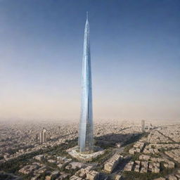 The world's tallest skyscraper envisioned as a towering masterpiece of Achaemenid architecture, built in 2024, fusing ancient Persian styles with ultra-modern design elements.