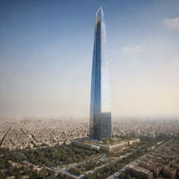 The world's tallest skyscraper envisioned as a towering masterpiece of Achaemenid architecture, built in 2024, fusing ancient Persian styles with ultra-modern design elements.