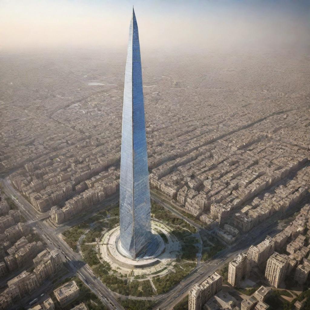 The world's tallest skyscraper envisioned as a towering masterpiece of Achaemenid architecture, built in 2024, fusing ancient Persian styles with ultra-modern design elements.