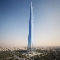 The world's tallest skyscraper envisioned as a towering masterpiece of Achaemenid architecture, built in 2024, fusing ancient Persian styles with ultra-modern design elements.