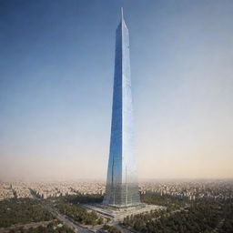 The world's tallest skyscraper envisioned as a towering masterpiece of Achaemenid architecture, built in 2024, fusing ancient Persian styles with ultra-modern design elements.