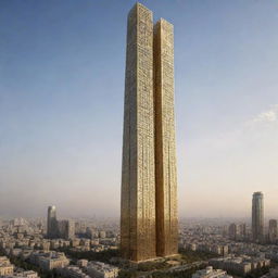 The world's highest skyscraper envisioned as an Achaemenid collaborative project in 2024, intricately adorned with gold decor reflecting ancient Persian luxury, merged seamlessly with modern architectural principles.