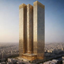 The world's highest skyscraper envisioned as an Achaemenid collaborative project in 2024, intricately adorned with gold decor reflecting ancient Persian luxury, merged seamlessly with modern architectural principles.