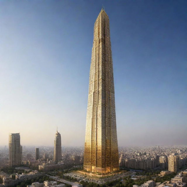 The world's highest skyscraper envisioned as an Achaemenid collaborative project in 2024, intricately adorned with gold decor reflecting ancient Persian luxury, merged seamlessly with modern architectural principles.