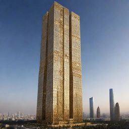 The world's highest skyscraper envisioned as an Achaemenid collaborative project in 2024, intricately adorned with gold decor reflecting ancient Persian luxury, merged seamlessly with modern architectural principles.