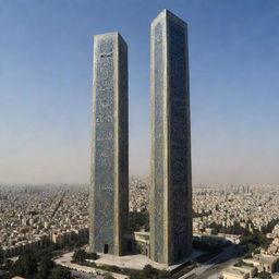 The world's tallest and most beautiful skyscraper, resplendent in Iran, adorned with God's symbol and elegant Arabic script.