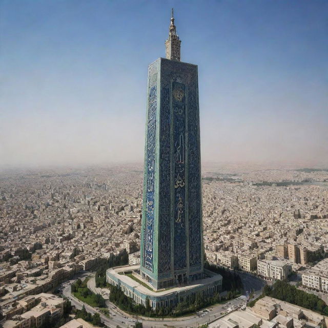 The world's tallest and most beautiful skyscraper, resplendent in Iran, adorned with God's symbol and elegant Arabic script.