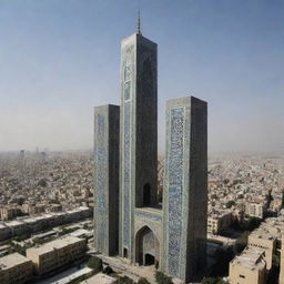 The world's tallest and most beautiful skyscraper, resplendent in Iran, adorned with God's symbol and elegant Arabic script.