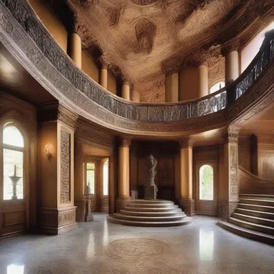 The grand entrance hall was designed ceremonially, with intricate stone carvings and a majestic staircase.