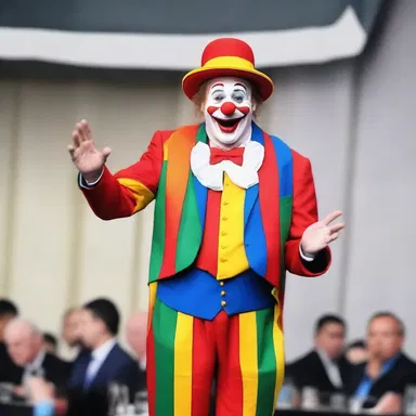 The comedian dressed ceremonially in a clown costume and entertained the audience with his humorous antics.