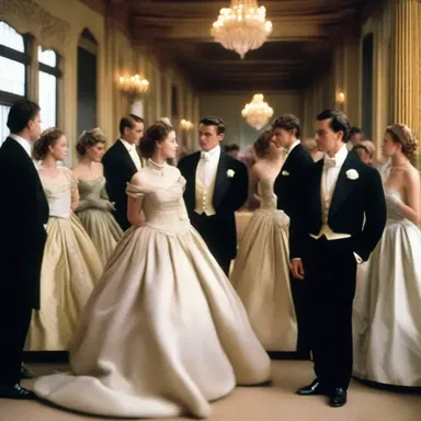 The characters in the classic novel were ceremonially dressed in elegant ball gowns and tuxedos for the grand ball.