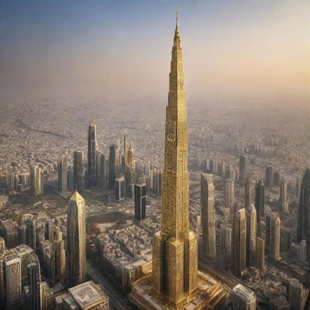 Imagery of the world's tallest, breathtaking skyscraper embellished with the grand Arabic script of God's word in resplendent gold, imagined in the year 2024.