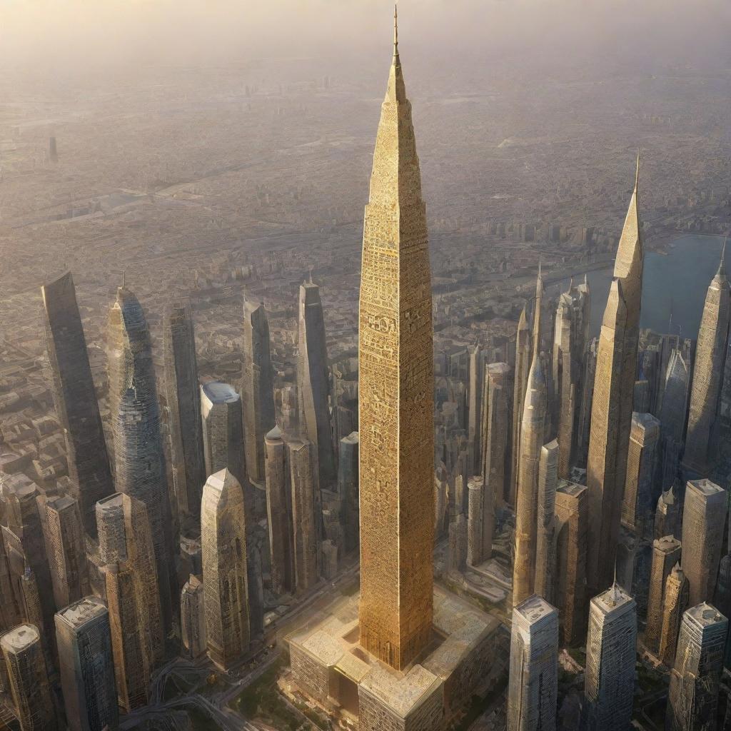 Imagery of the world's tallest, breathtaking skyscraper embellished with the grand Arabic script of God's word in resplendent gold, imagined in the year 2024.