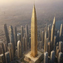 Imagery of the world's tallest, breathtaking skyscraper embellished with the grand Arabic script of God's word in resplendent gold, imagined in the year 2024.