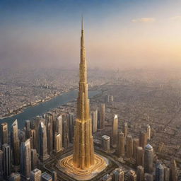 Imagery of the world's tallest, breathtaking skyscraper embellished with the grand Arabic script of God's word in resplendent gold, imagined in the year 2024.