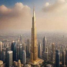 Imagery of the world's tallest, breathtaking skyscraper embellished with the grand Arabic script of God's word in resplendent gold, imagined in the year 2024.