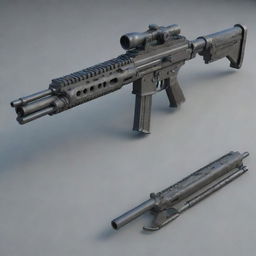 A detailed rendering of a machine gun, showing intricate mechanisms and rugged construction.