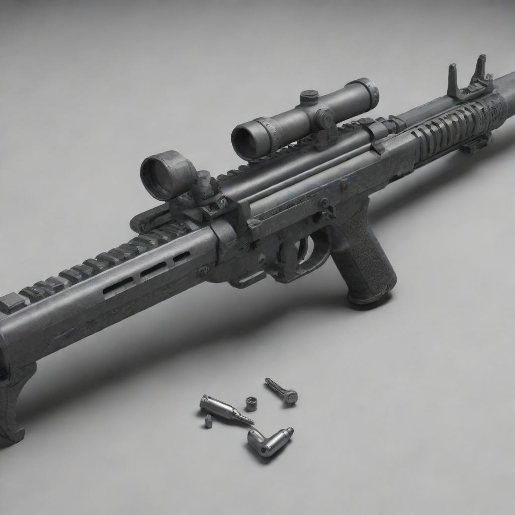 A detailed rendering of a machine gun, showing intricate mechanisms and rugged construction.