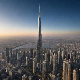 A stunning visual of the world's tallest and most beautiful skyscraper, no longer grounded on Earth but transcended into the cosmos, orbiting the planet.