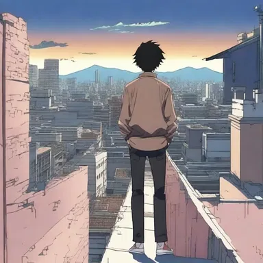 In the anime series, the character sidles along the narrow path of a rooftop, stealthily avoiding detection.