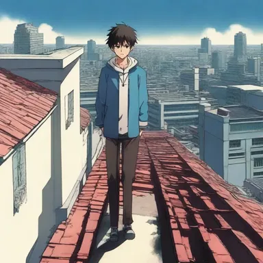 In the anime series, the character sidles along the narrow path of a rooftop, stealthily avoiding detection.