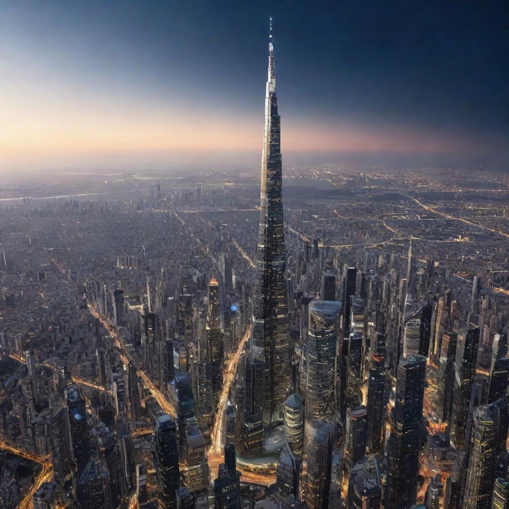 A stunning visual of the world's tallest and most beautiful skyscraper, no longer grounded on Earth but transcended into the cosmos, orbiting the planet.