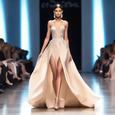 On the glamorous runway, the model sidles gracefully in a stylish gown, captivating the audience with every step.