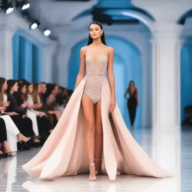 On the glamorous runway, the model sidles gracefully in a stylish gown, captivating the audience with every step.
