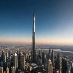 A stunning visual of the world's tallest and most beautiful skyscraper, no longer grounded on Earth but transcended into the cosmos, orbiting the planet.