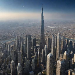 A stunning visual of the world's tallest and most beautiful skyscraper, no longer grounded on Earth but transcended into the cosmos, orbiting the planet.