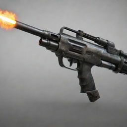 An imaginative, futuristic weapon that is a cross between a flamethrower and a machine gun.